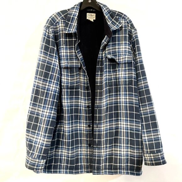 LL Bean Flannel Shirt/Jacket Large Cotton Blue Plaid Fleece Lined Tradition - Picture 5 of 5